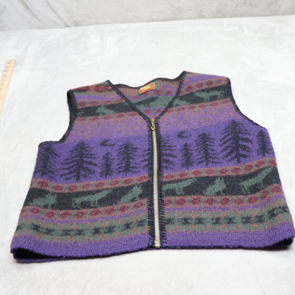 Alps Vest Women Medium Purple Wolf Forest Pine Tree Pattern Wool Full Zip VTG